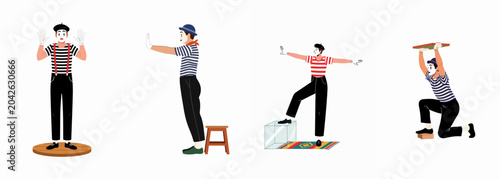 Fotografie Set of four mime artists in striped shirts and berets performing various classic