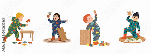 Tableau sur toile Flat vector illustration set of young children in dinosaur onesies throwing tantrums and feeling frustrated during playtime with puzzles and blocks