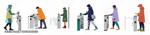Cuadro en lienzo Flat vector illustration of various people in raincoats using contactless cards and tickets at automated turnstiles and ticket gates