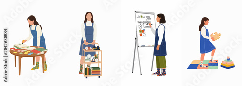 Bild auf Leinwand Set of flat vector illustrations of a young woman engaged in educational activities like studying, organizing, presenting, and creative problem solving