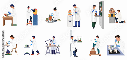 Bilde på lerret Set of professional restorers in white lab coats working on repairing and preserving ancient pottery, vases, and historical artifacts in a laboratory setting