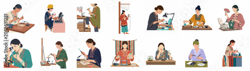Tableau sur toile A collection of illustrations showing women in traditional attire crafting and creating handmade jewelry using various professional tools and techniques