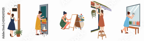 Flat illustration set of female small business owners setting up their shops, hanging signs, and preparing for customers with hydration and welcoming gestures.