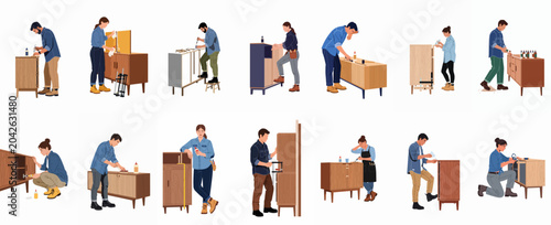 Tableau sur toile A set of flat illustrations depicting various people engaged in furniture restoration, woodworking, and DIY home improvement projects with tools