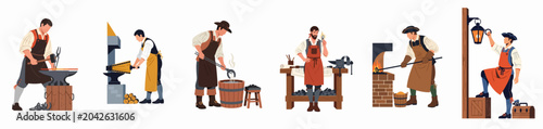 Foto Collection of historical blacksmith characters performing various traditional crafts like forging metal and using a forge, isolated on a white background