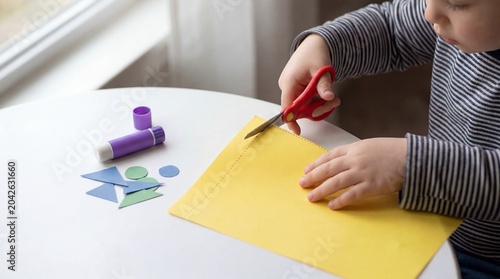 Preschool child practicing fine motor skills by cutting yellow paper with red safety scissors for a craft activity