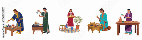 Set of flat illustrations depicting Middle Eastern women in traditional clothing preparing and enjoying regional cuisine, tea ceremonies, and communal meals.
