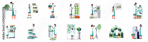 Collection of female scientists working in a modern agricultural laboratory on plant research, biotechnology, and food quality testing.