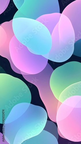Vibrant, Translucent Amorphous Shapes in Pastel Colors Floating Against a Dark Background, Abstract Art