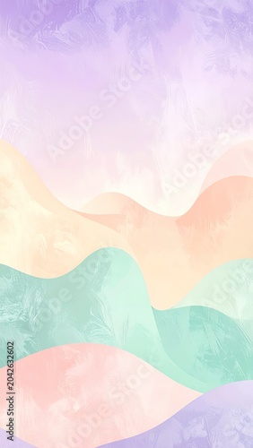 Serene and dreamy abstract landscape illustration with soft, rolling pastel hills and gentle color gradients, creating a tranquil and peaceful background design element