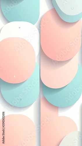 Contemporary abstract background featuring soft pastel pink, blue, and white rounded geometric shapes with subtle depth from gentle shadows, evoking a calm and modern aesthetic