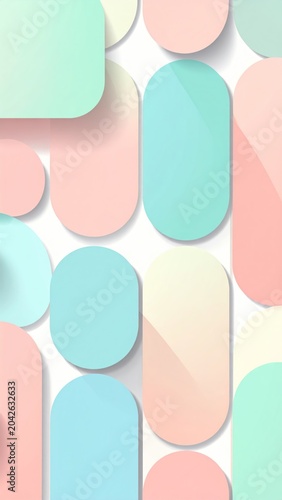 Soft pastel abstract background with rounded geometric shapes. Mint, pink, and blue elements cast subtle shadows on white, creating a modern, elegant graphic pattern