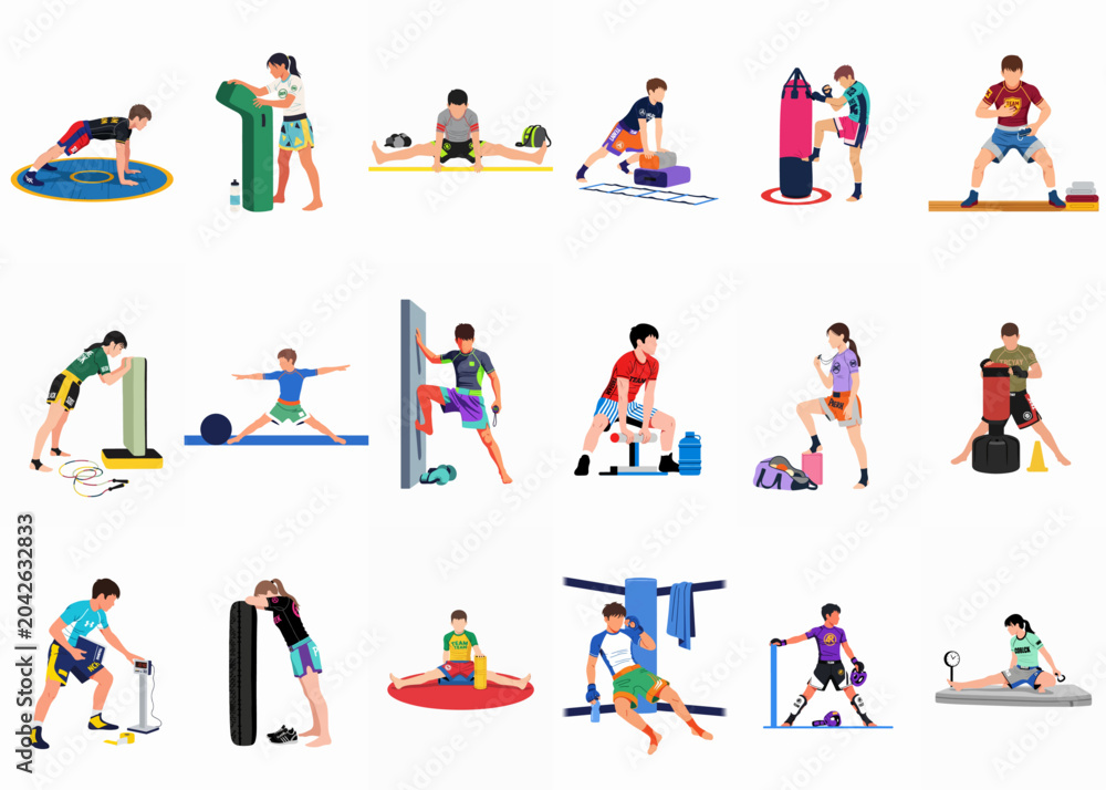 Fototapeta premium Collection of diverse people engaged in various fitness, martial arts, and athletic training exercises in a flat illustration style.