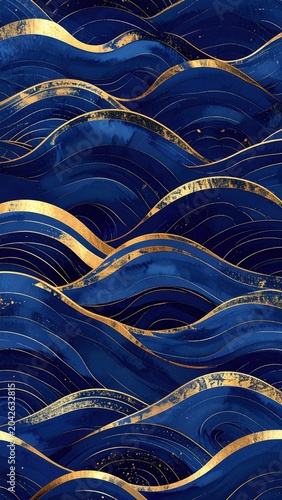 Abstract flowing deep blue waves with elegant gold accents create a luxurious and sophisticated pattern, perfect for backgrounds and design