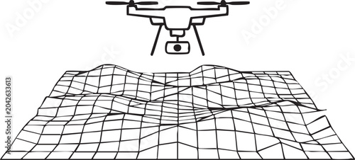 Line art icon of a drone flying above a topographical map for survey