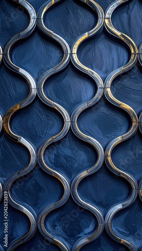 Intricate abstract wave pattern on a textured blue background with metallic gold accents creating a luxurious and dynamic visual
