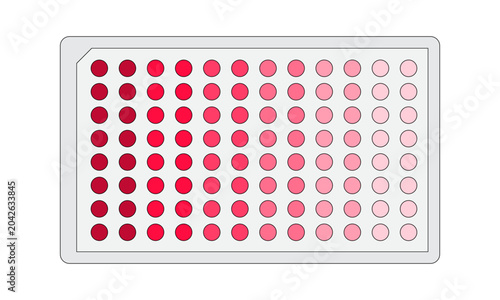 Photography Laboratory 96-well microplate with serial dilution red liquid samples icon vecto