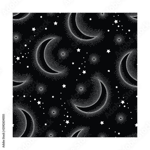 Cosmic seamless pattern with stippled moons and stars on black background.