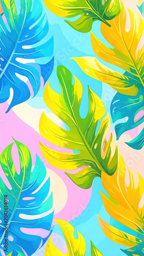 Seamless pattern of vibrant tropical leaves in brilliant blue, green, and yellow, ideal for summer designs and artistic backgrounds