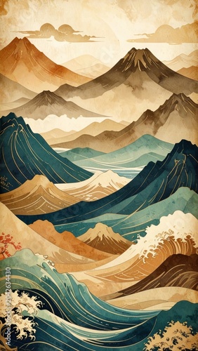 Dynamic traditional Asian landscape illustration featuring sweeping waves and majestic layered mountains under a serene sky, rich in textured detail and earthy hues