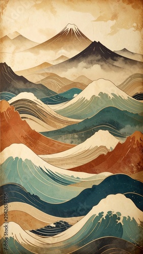 Dynamic Japanese Landscape Illustration with Majestic Mount Fuji and Serene Ocean Waves Flowing Through Stylized Rolling Hills
