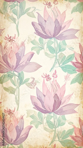 Soft watercolor floral pattern with elegant pink blossoms and lush green foliage on a distressed vintage parchment background, creating a delicate decorative wallpaper design with a romantic aesthetic