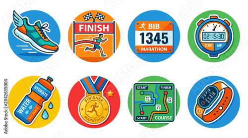 Konstfotografi Running race icons set with shoe, finish line, bib, stopwatch, water bottle, med