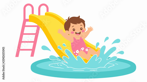 Joyful child sliding down a yellow water slide into a pool, cartoon style vector illustration