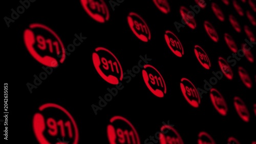Glowing red 911 emergency call icons in a digital grid on dark background motion graphics