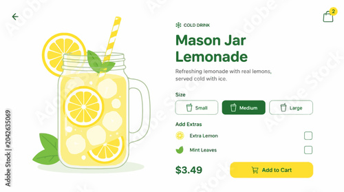Flat design vector illustration of a refreshing mason jar lemonade with mint and lemon slices, isolated on white.