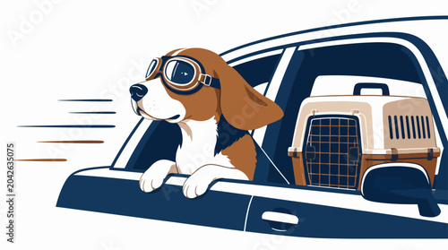 Cartoon beagle dog with goggles in car window, ready for adventure