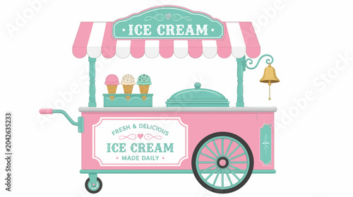 Pink ice cream cart with awning and colorful cones, vector illustration