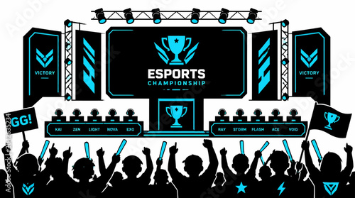 Esports championship stage with cheering crowd and digital display, vector illustration.