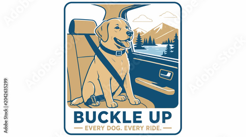 Happy dog wearing seatbelt in car with scenic mountain and lake view, vector illustration