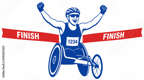Wheelchair racer celebrates crossing finish line in triumphant pose, vector illustration