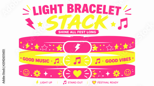 Neon light bracelet stack for festivals, vector graphic element