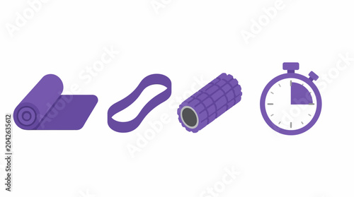 Fitness equipment set with yoga mat, resistance band, foam roller, and stopwatch icons