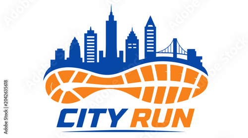City run logo with skyline and shoe sole graphic element