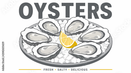 Oysters served on ice with lemon wedge, vector graphic