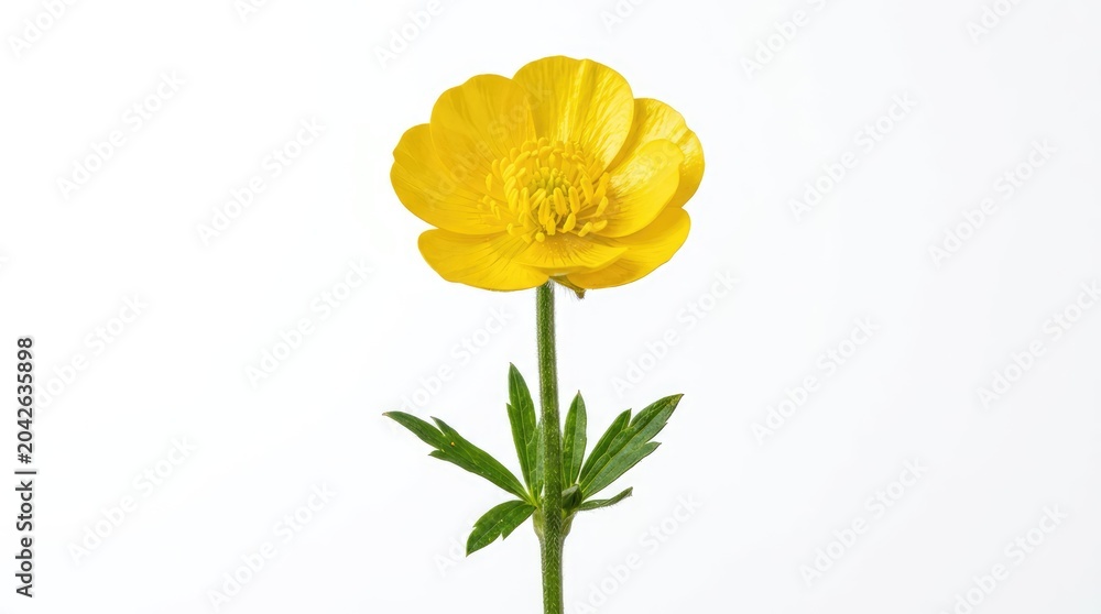 Obraz premium A single vibrant yellow buttercup flower stands tall on a white background. Its delicate petals are fully open, revealing a textured center, and its green stem is adorned with small, serrated leaves.