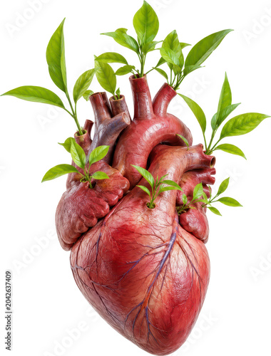 Anatomical Human Heart with Green Plants for Longevity Transparent Background