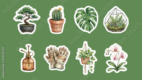 Watercolor indoor plant and gardening tools scrapbook sticker set