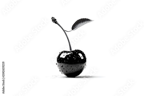 Single dark cherry with water droplets and a green leaf on white background fruit