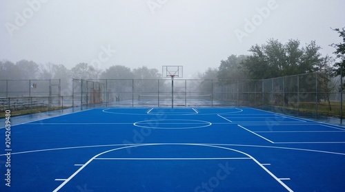 Empty blue basketball court on foggy day