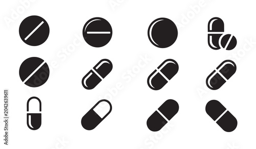 Quadro su tela Pharmaceutical pill and capsule icon set for healthcare medication and pharmacy branding