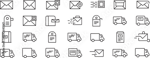 Foto Envelope and Mail Delivery Icons Set with Line Art, Stamps, Barcodes, and Truck