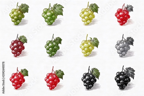 Twelve bunches of grapes in various colors and shades arranged in a grid on white