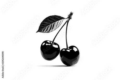 Two black cherries hanging from stem with leaf on white fruit dark glossy