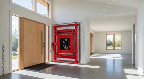 A blower door testing system with a large red frame and fan installed in a modern energy-efficient home to measure air tightness and energy loss.