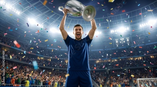 Soccer Player Lifting Generic Trophy in Stadium Celebration